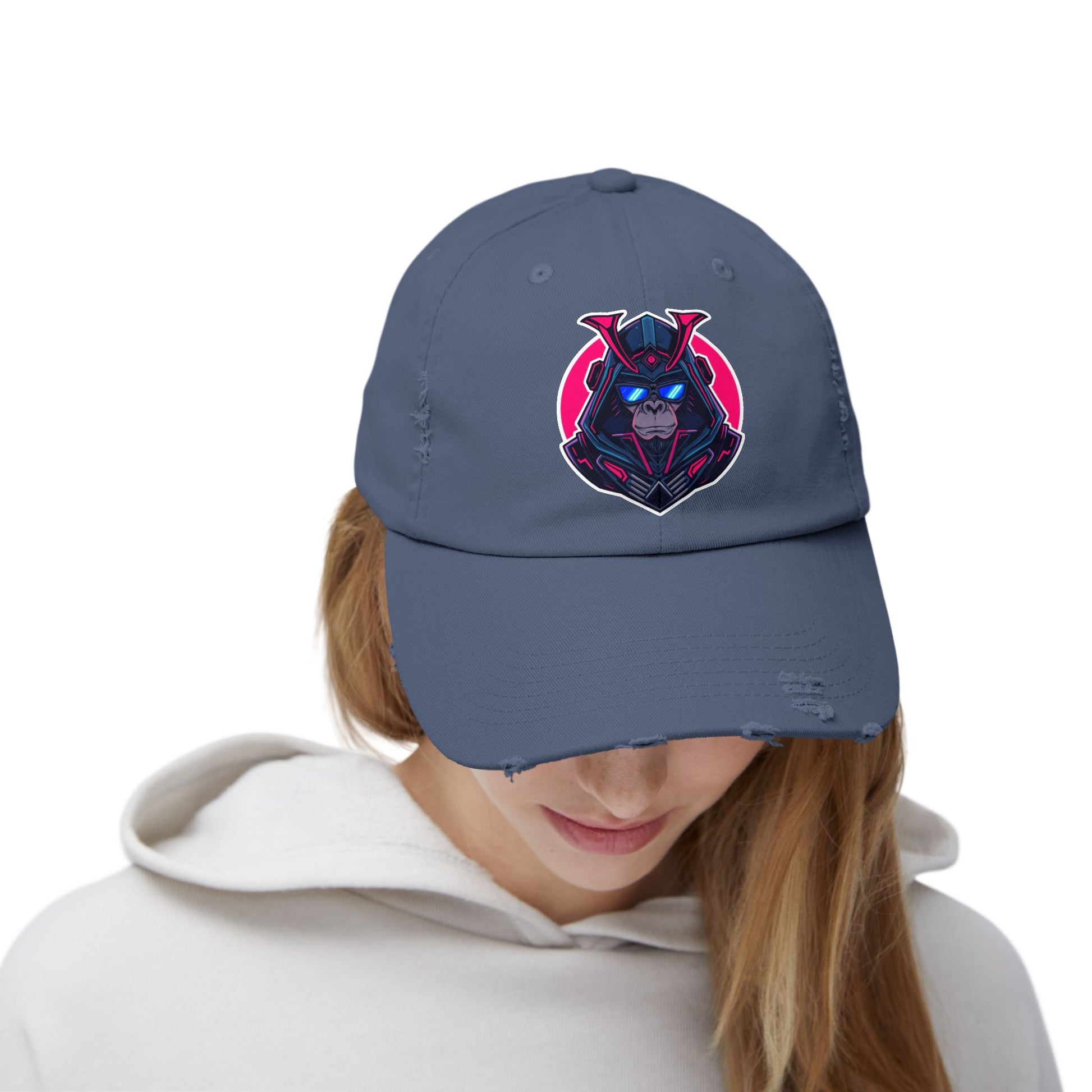 Samurai Skull Distressed Cap — Neon Retro Gamer Hat Hats Printify