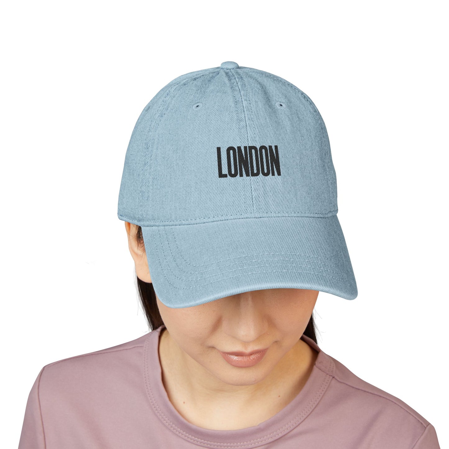 Embroidered 'LONDON' Denim Baseball Cap — Light Blue Tourist Hat Hats Printify