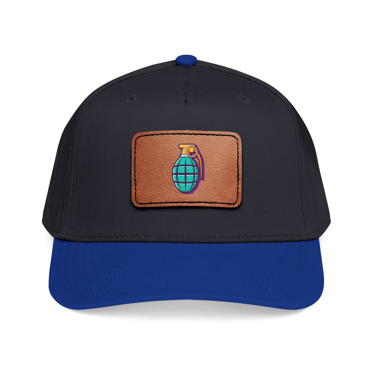 Leather Patch Baseball Cap — Retro Grenade Patch Hat Hats Printify One size Royal / Black / Light Brown patch Rectangle