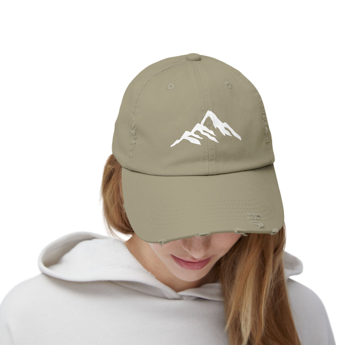 Distressed Mountain Hat — Minimal White Peak Embroidered Cap