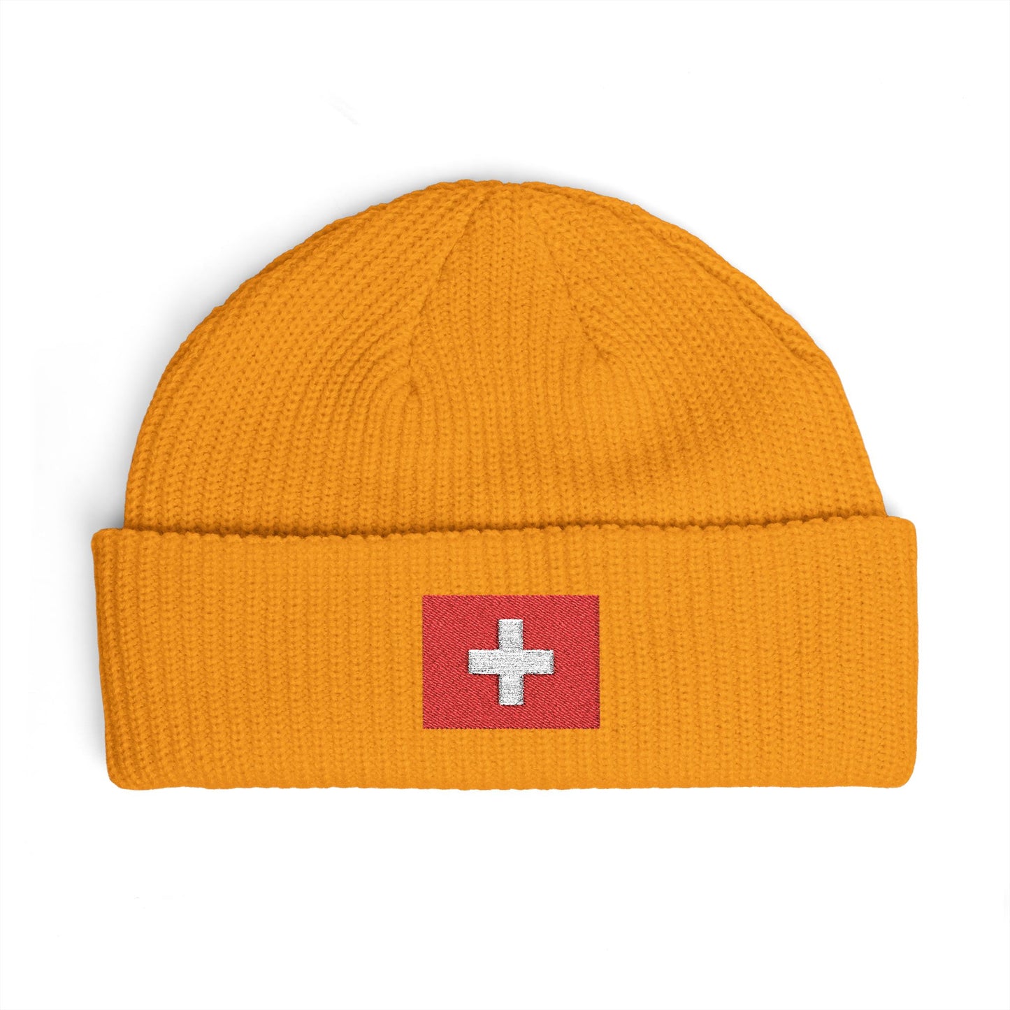 Swiss Cross Cuff Beanie — Embroidered Red Flag Patch Winter Hat Hats Printify One size Gold