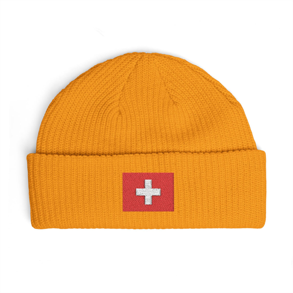 Swiss Cross Cuff Beanie — Embroidered Red Flag Patch Winter Hat Hats Printify One size Gold