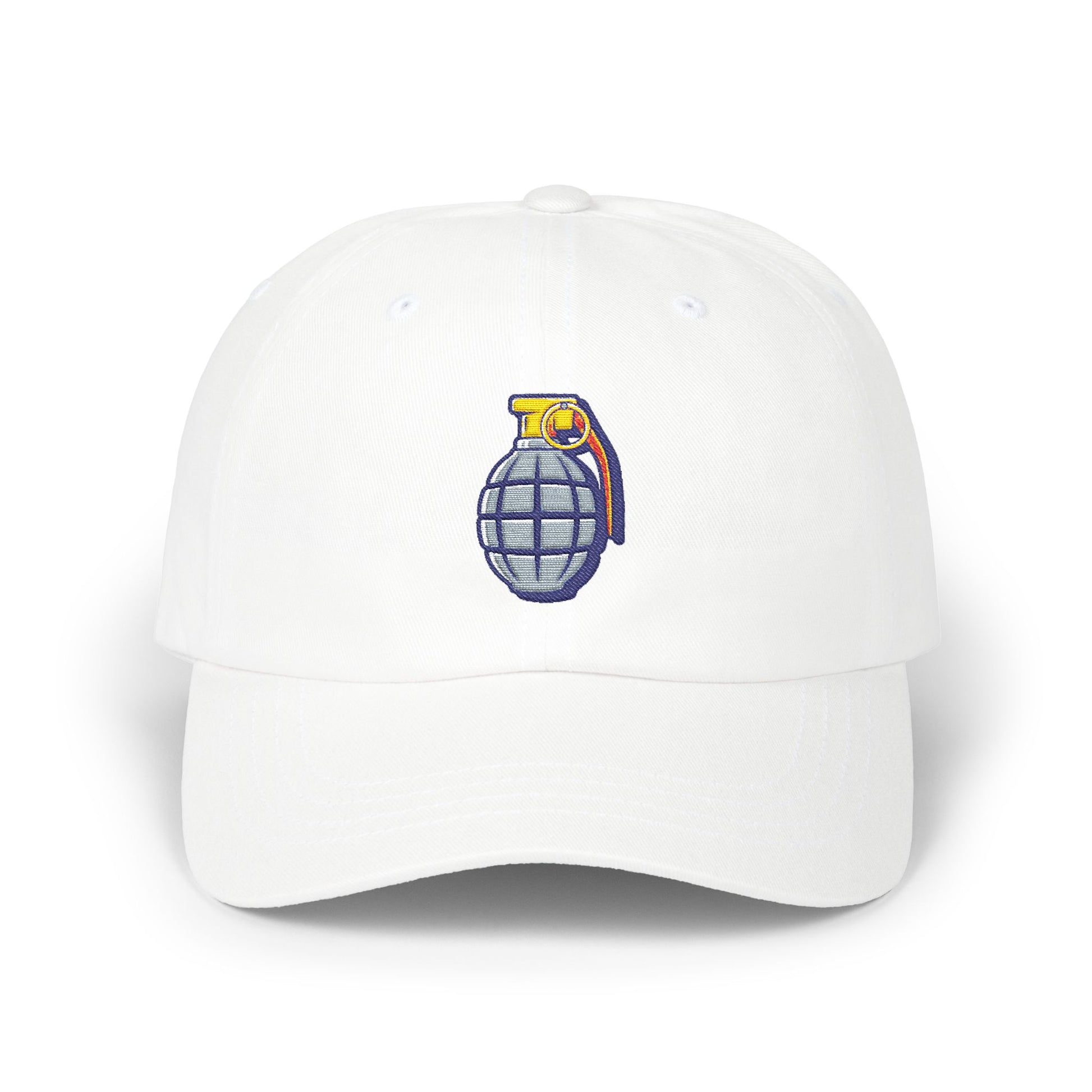 Grenade Embroidered Dad Cap — Military Inspired Retro Patch Hat Hats Printify White One size
