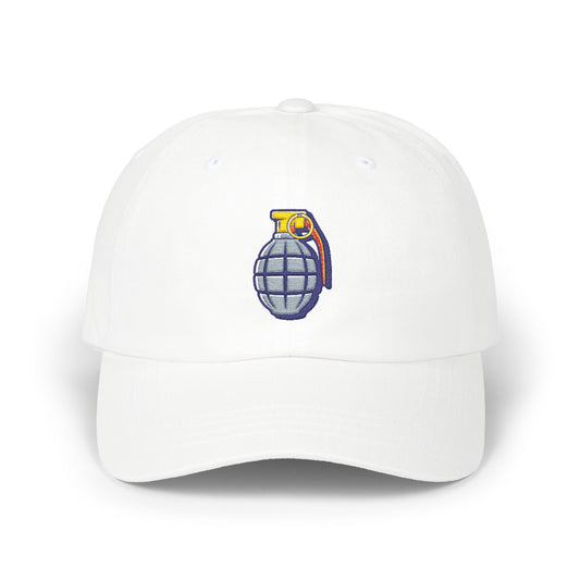 Grenade Embroidered Dad Cap — Military Inspired Retro Patch Hat Hats Printify White One size