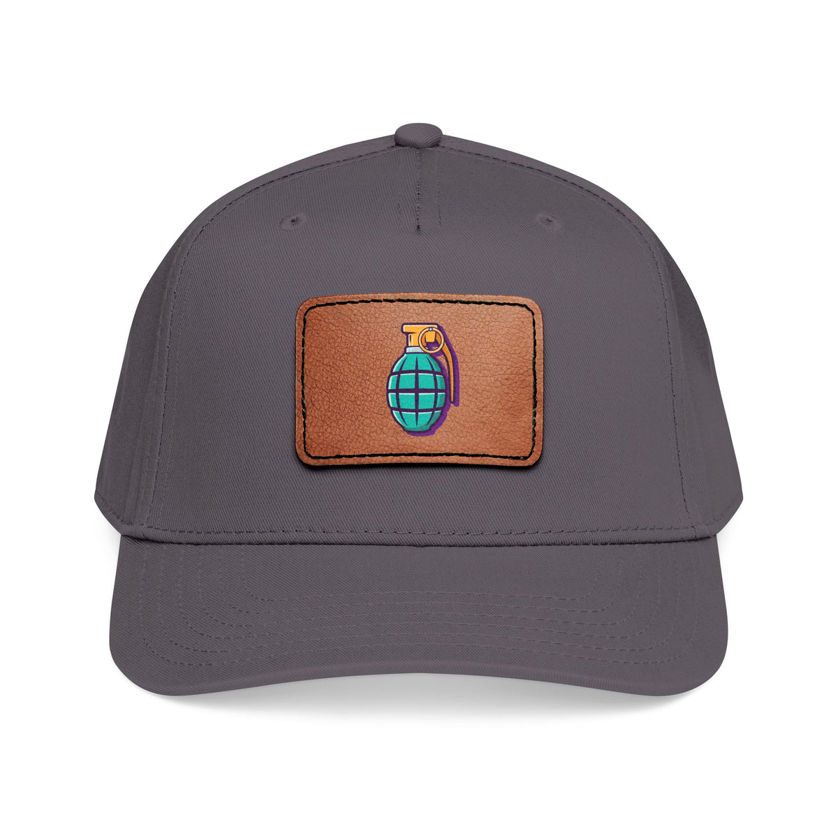 Leather Patch Baseball Cap — Retro Grenade Patch Hat Hats Printify One size Charcoal Grey / Light Brown patch Rectangle