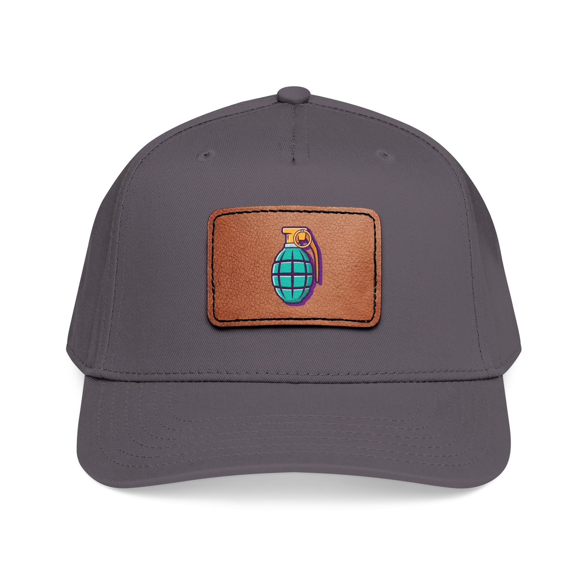 Leather Patch Baseball Cap — Retro Grenade Patch Hat Hats Printify One size Charcoal Grey / Light Brown patch Rectangle