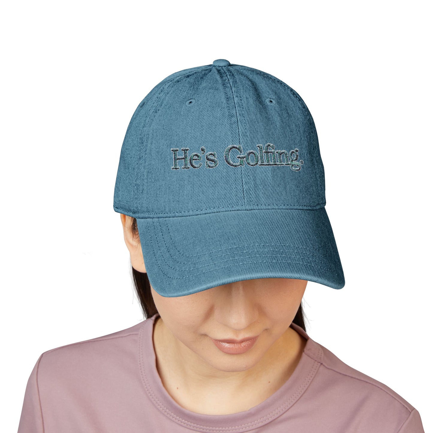 He's Golfing Denim Embroidered Hat — Casual Golf Cap for Him