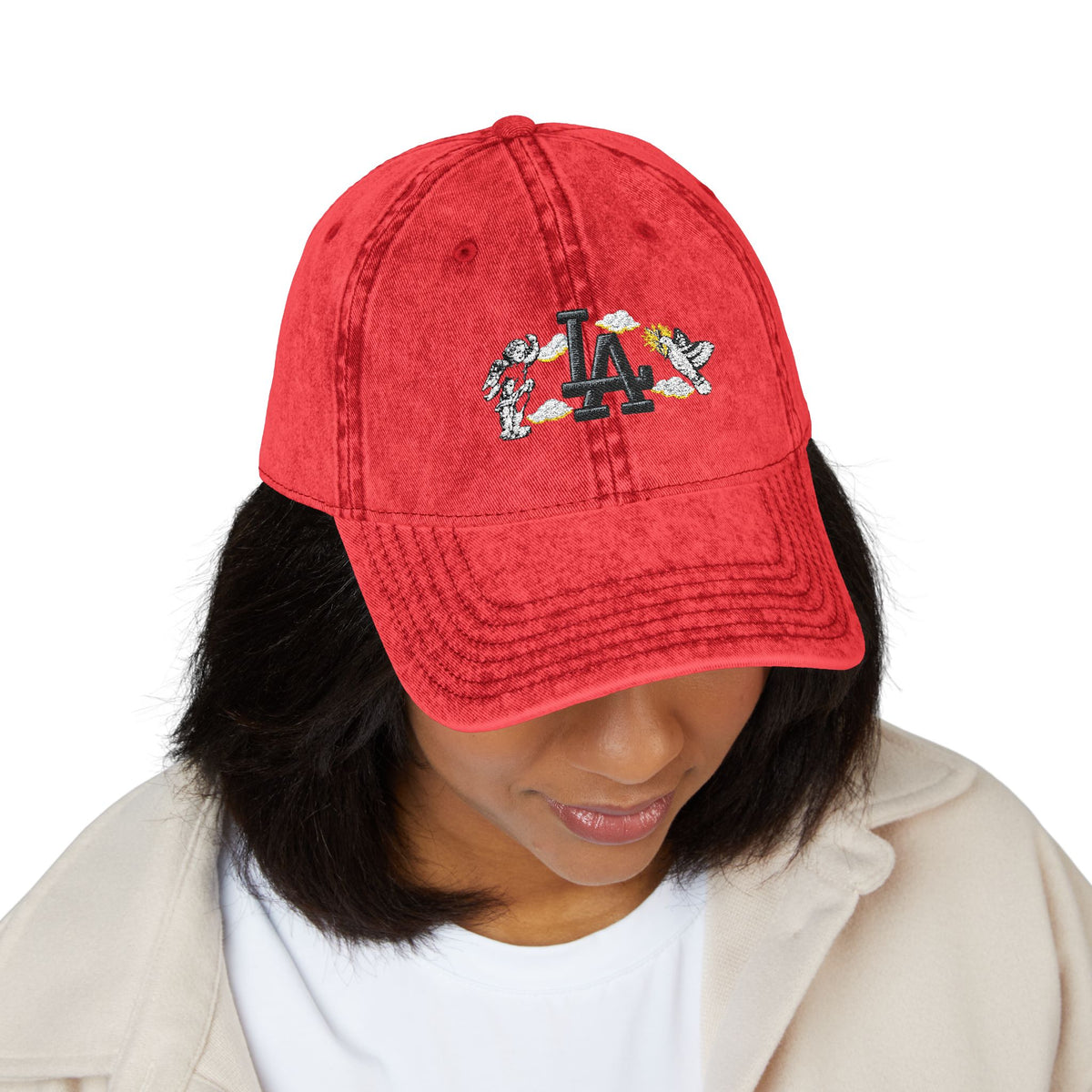 Vintage Embroidered Cap – Red LA Floral Baseball Hat Hats Printify