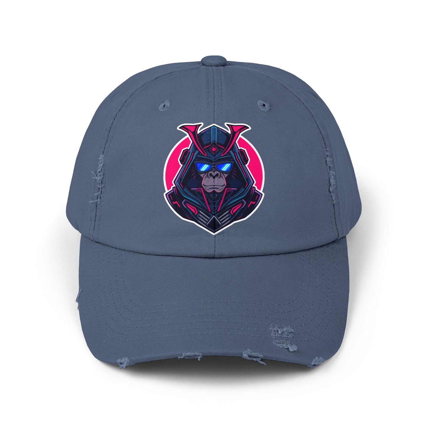 Samurai Skull Distressed Cap — Neon Retro Gamer Hat Hats Printify Scotland Blue One size