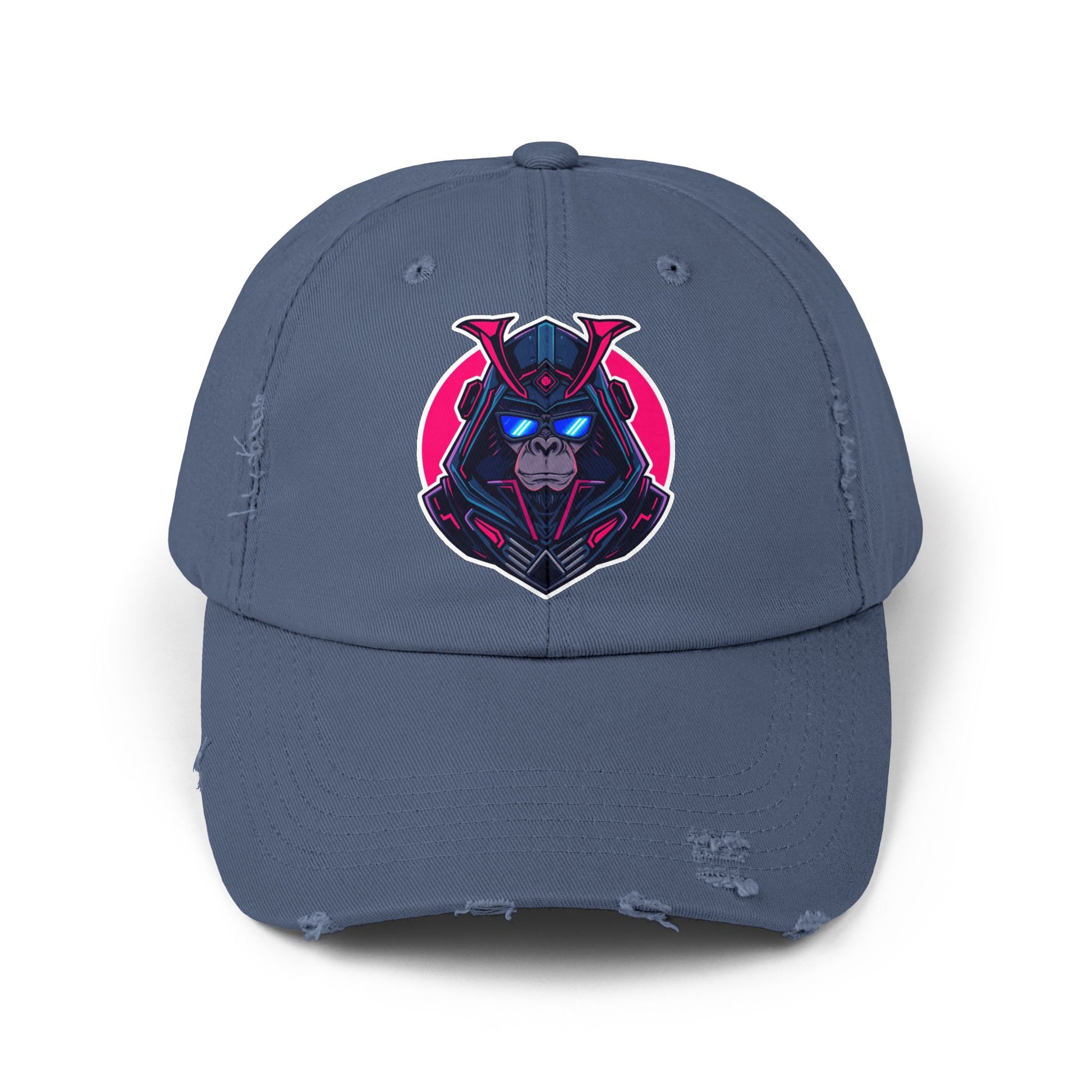 Samurai Skull Distressed Cap — Neon Retro Gamer Hat Hats Printify Scotland Blue One size