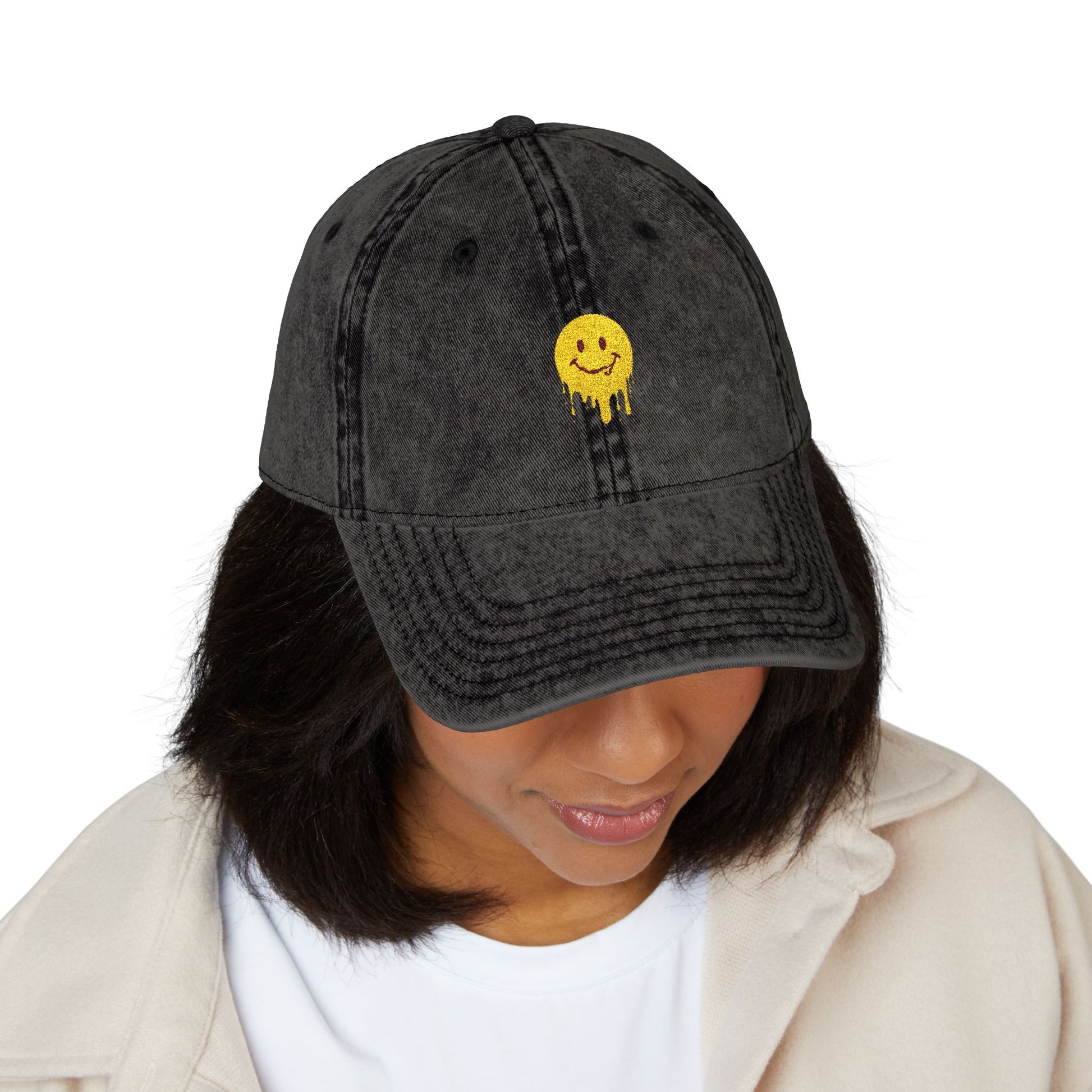 Embroidered Vintage Cap — Dripping Yellow Smiley Face Hat Hats Printify