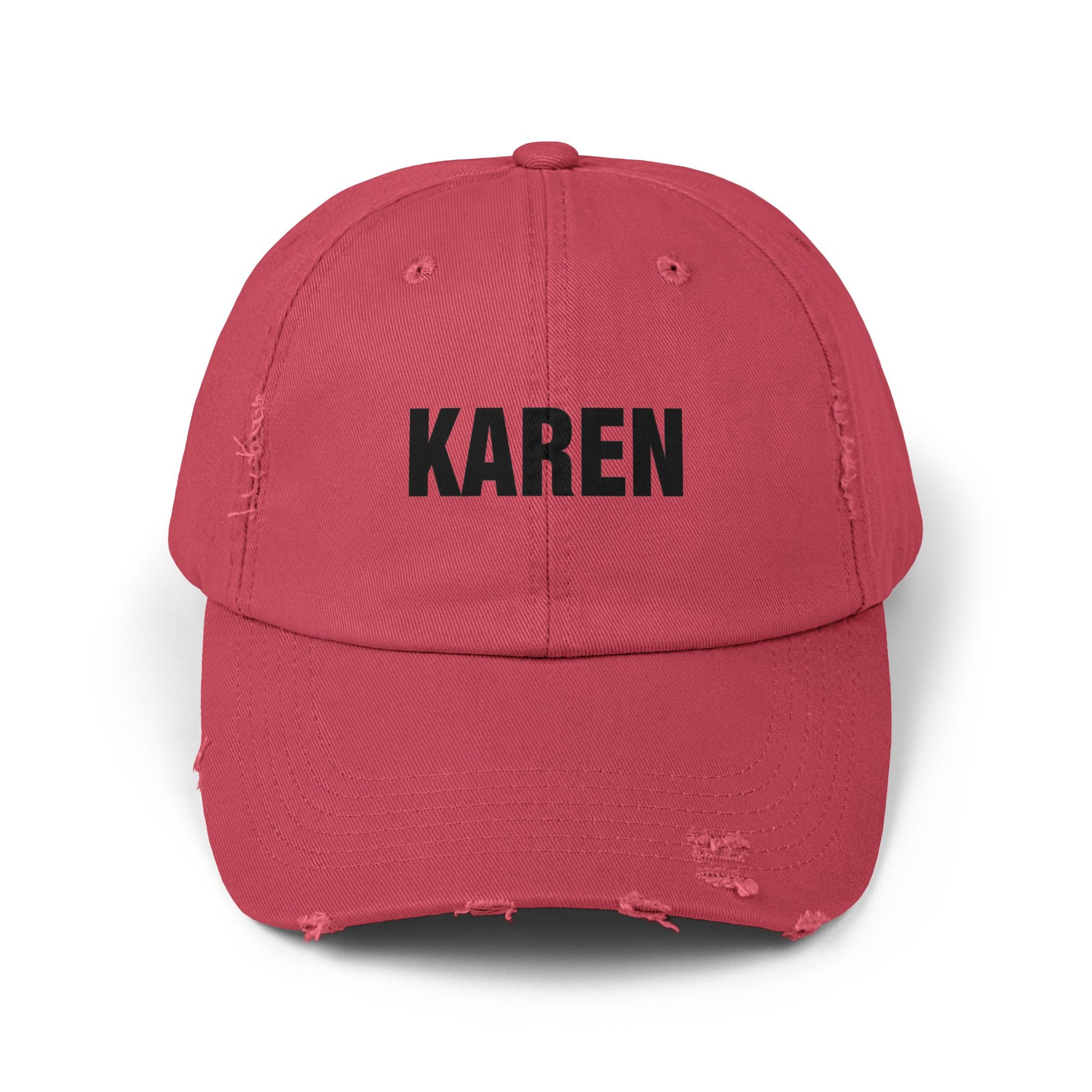 Distressed 'Karen' Baseball Cap — Black Embroidered Name Hat Hats Printify Dashing Red One size