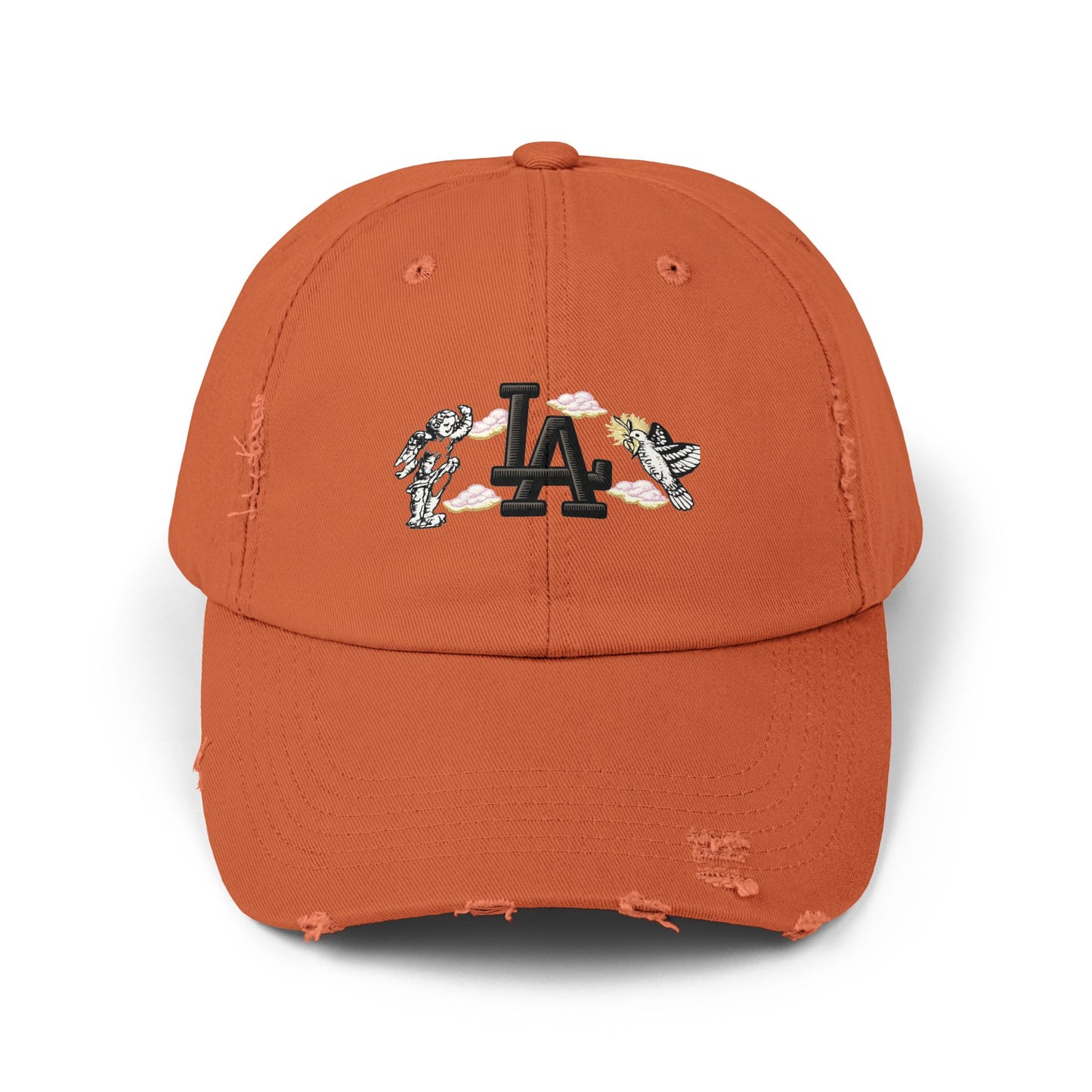 Distressed Baseball Cap — LA Logo with Angel Wings & Clouds Hats Printify Burnt Orange One size