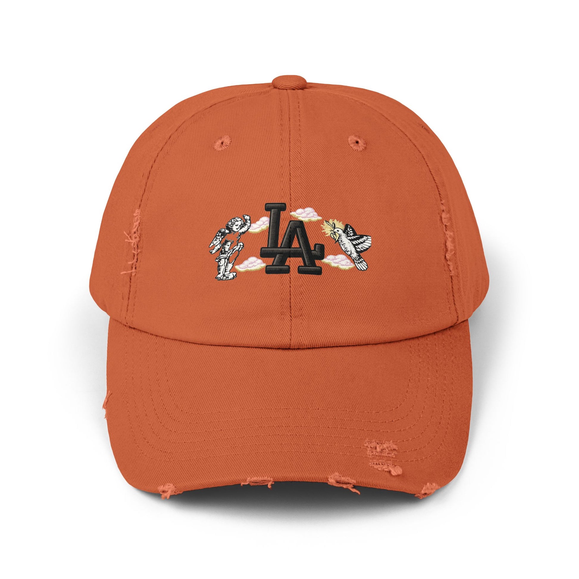 Distressed Baseball Cap — LA Logo with Angel Wings & Clouds Hats Printify Burnt Orange One size