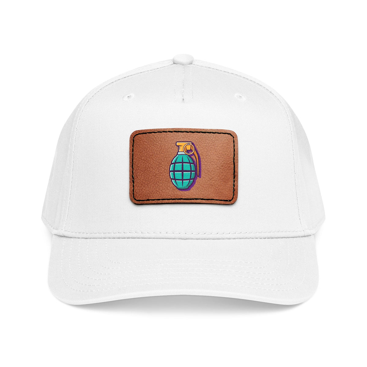 Leather Patch Baseball Cap — Retro Grenade Patch Hat Hats Printify One size White / Light Brown patch Rectangle