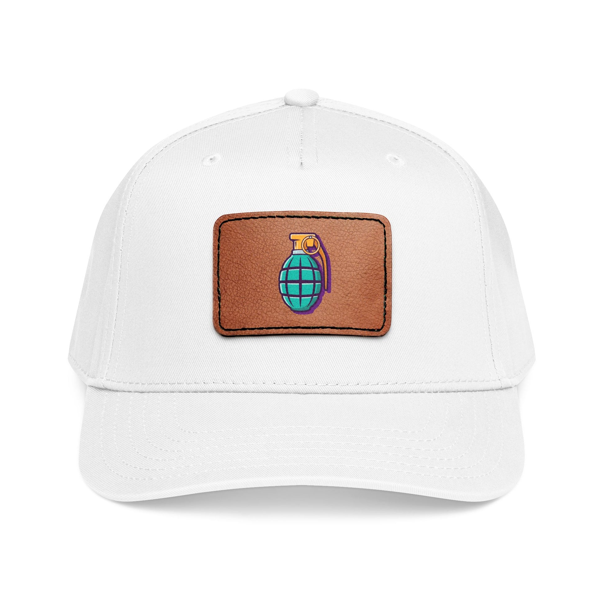 Leather Patch Baseball Cap — Retro Grenade Patch Hat Hats Printify One size White / Light Brown patch Rectangle