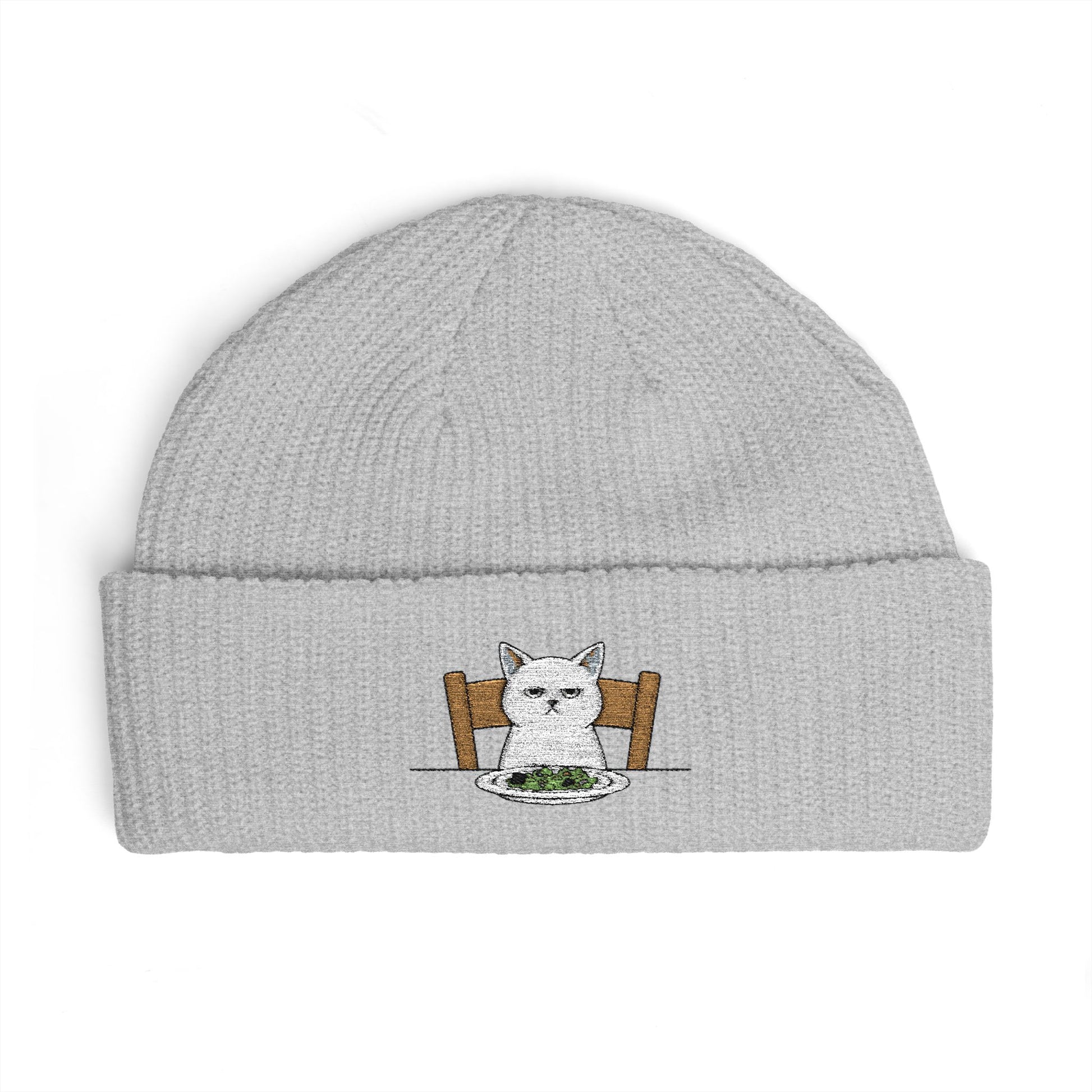 Cuffed Beanie with Embroidered White Cat on Chair – Cozy Cute Winter Hat Hats Printify One size Athletic Heather