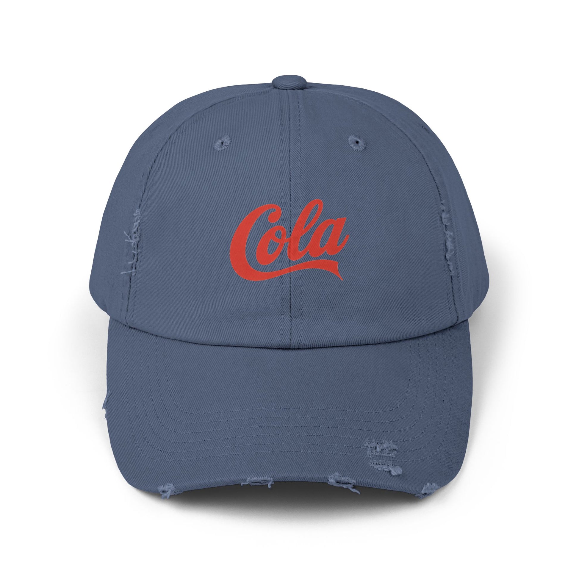 Distressed 'Cola' Vintage Baseball Cap – Retro Script Logo Hat Hats Printify Scotland Blue One size