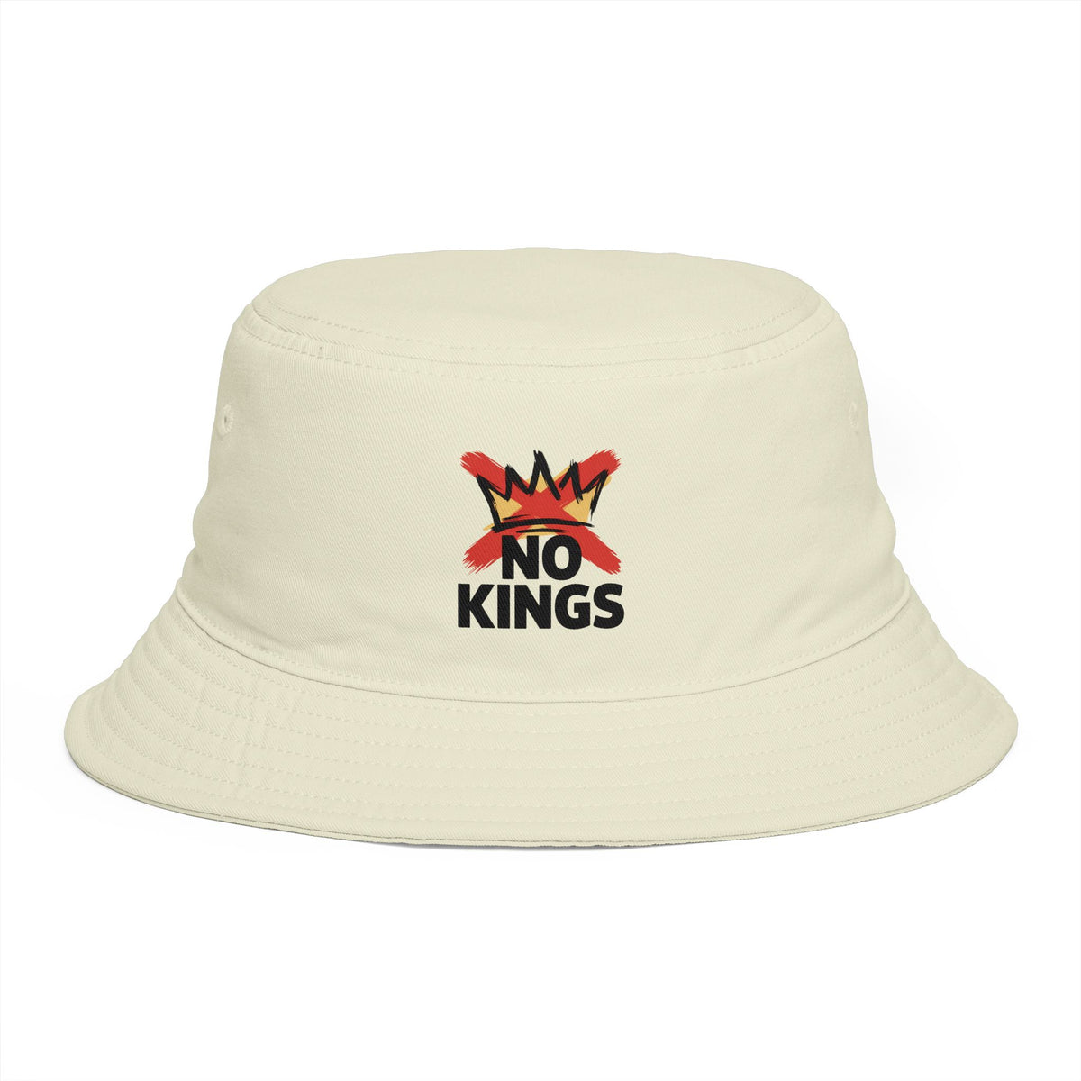 No Kings Bucket Hat — Rebellious Crown Graphic Cotton Bucket Hat Hats Printify
