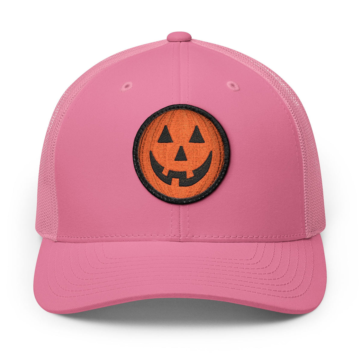 Halloween Pumpkin Jack-O’-Lantern Trucker Cap Hats Printify Circle One size Pink / White patch