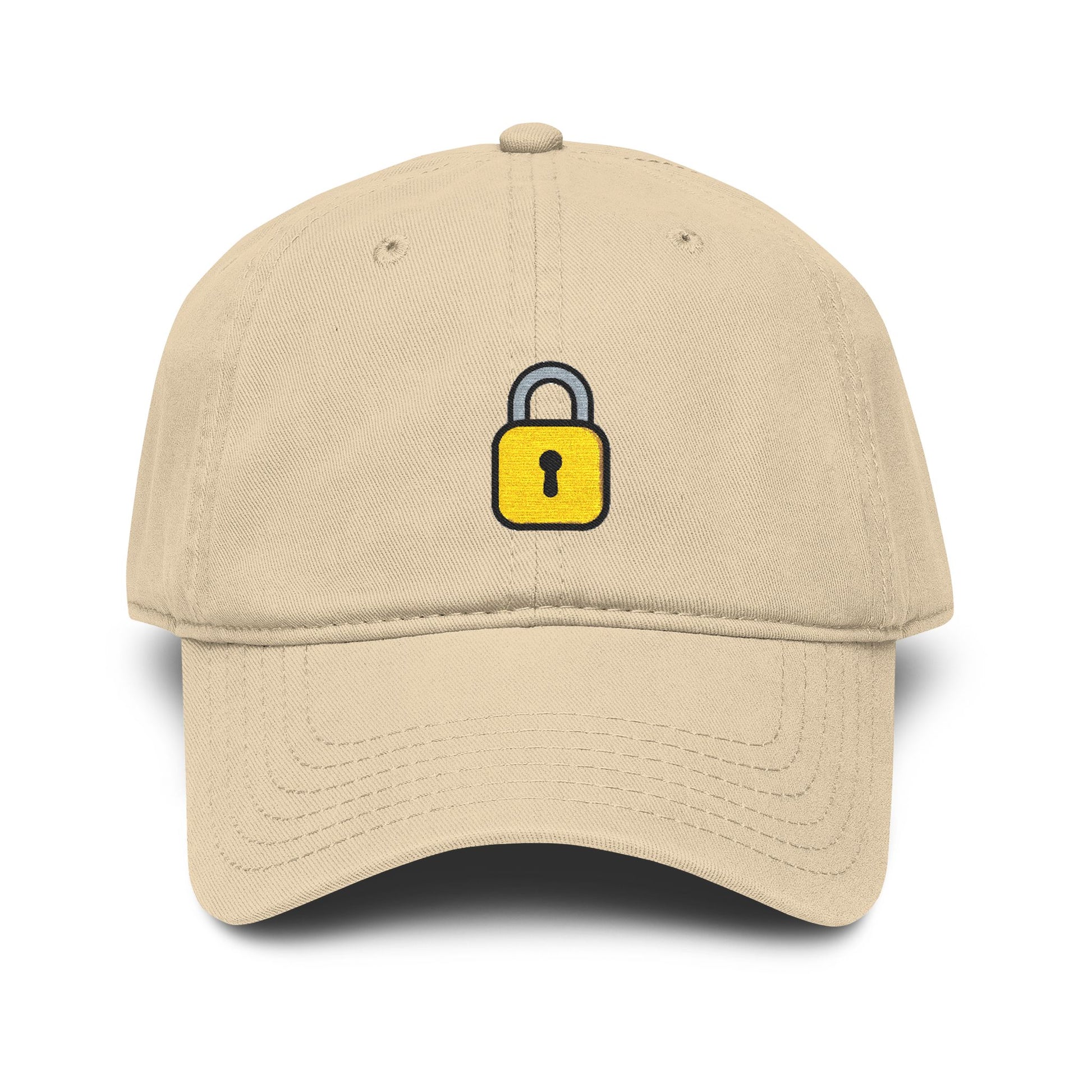 Embroidered Yellow Padlock Baseball Cap — Washed Cotton Dad Hat Hats Printify One size Khaki