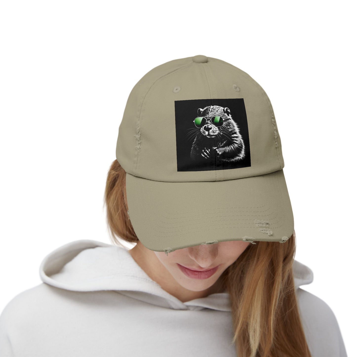 Distressed Cap — Cool Raccoon with Green Sunglasses Hat