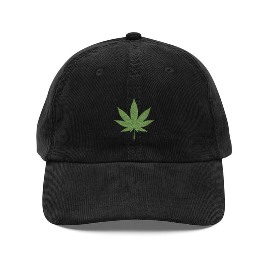 Corduroy Embroidered Leaf Cap — Vintage Hemp Leaf Dad Hat Hats Printify Black One size
