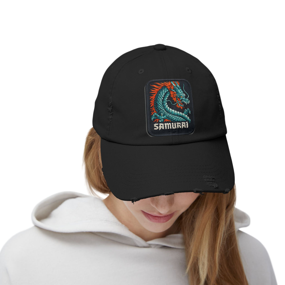 Distressed Samurai Dragon Cap — Vintage Retro Japanese Dragon Baseball Hat Hats Printify