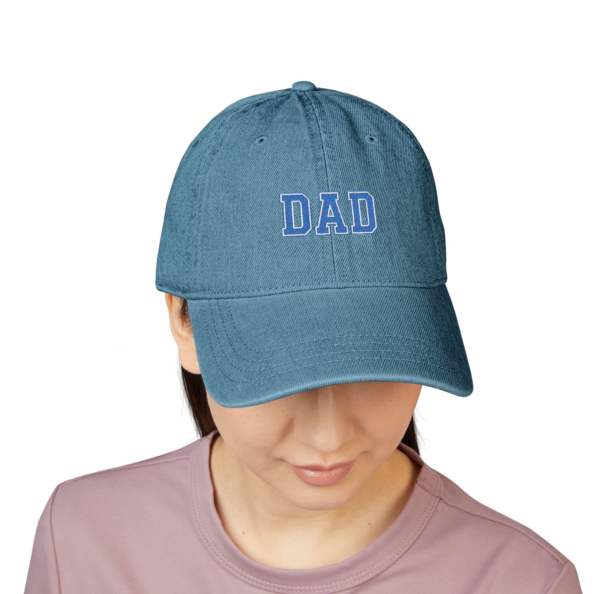Dad Embroidered Denim Hat — Vintage Varsity Lettering Cap Hats Printify