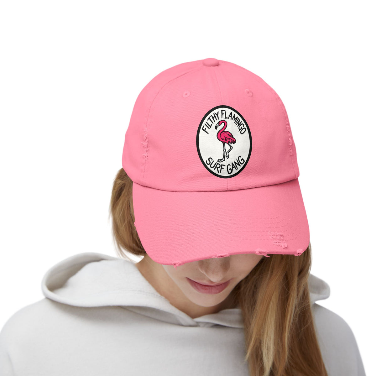 Distressed Surf Cap — "Filthy Flamingo Surf Gang" Embroidered Patch Hat Hats Printify