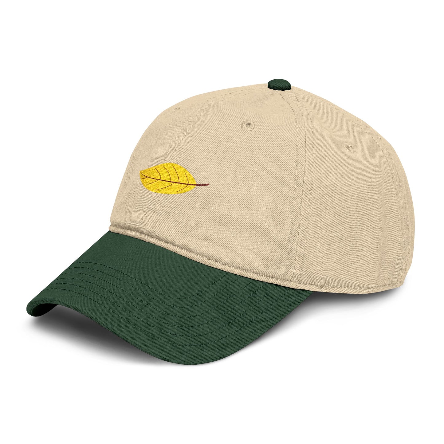 Washed Cotton Baseball Cap with Embroidered Yellow Leaf – Casual Fall Hat