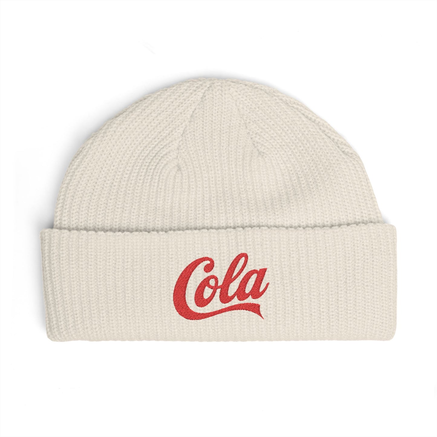 Cola Cuff Beanie — Retro Script Knit Hat Hats Printify One size Ecru