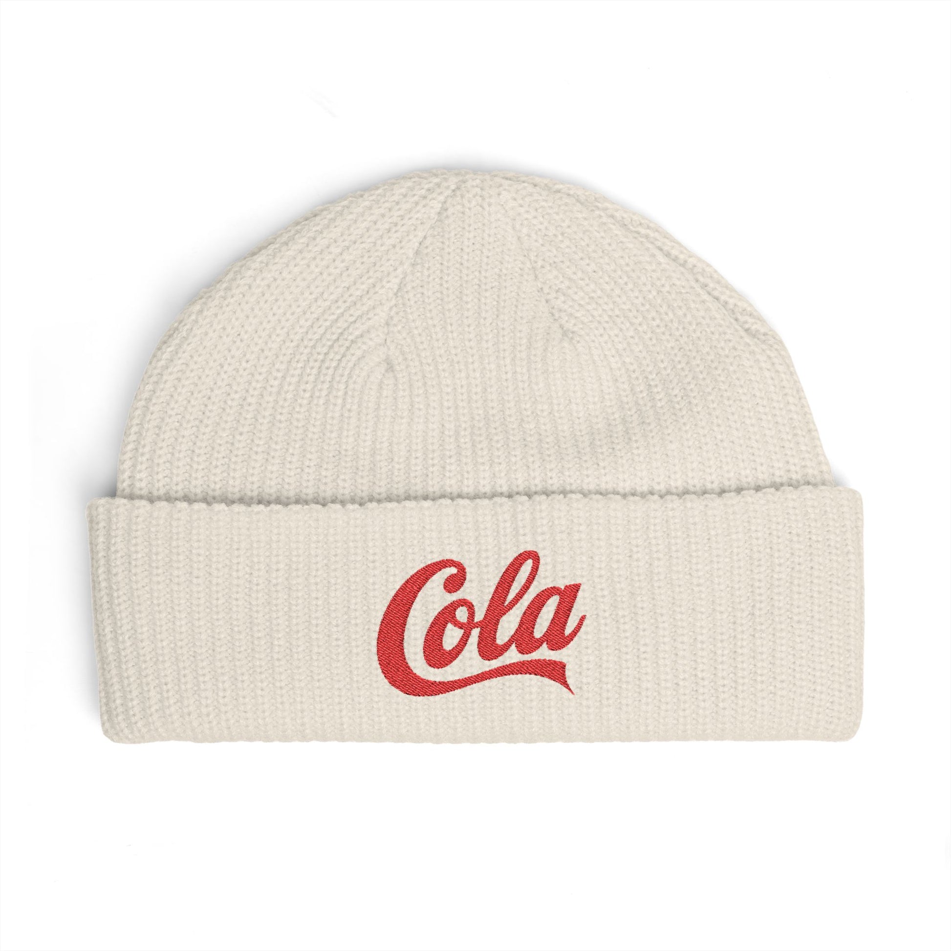 Cola Cuff Beanie — Retro Script Knit Hat Hats Printify One size Ecru