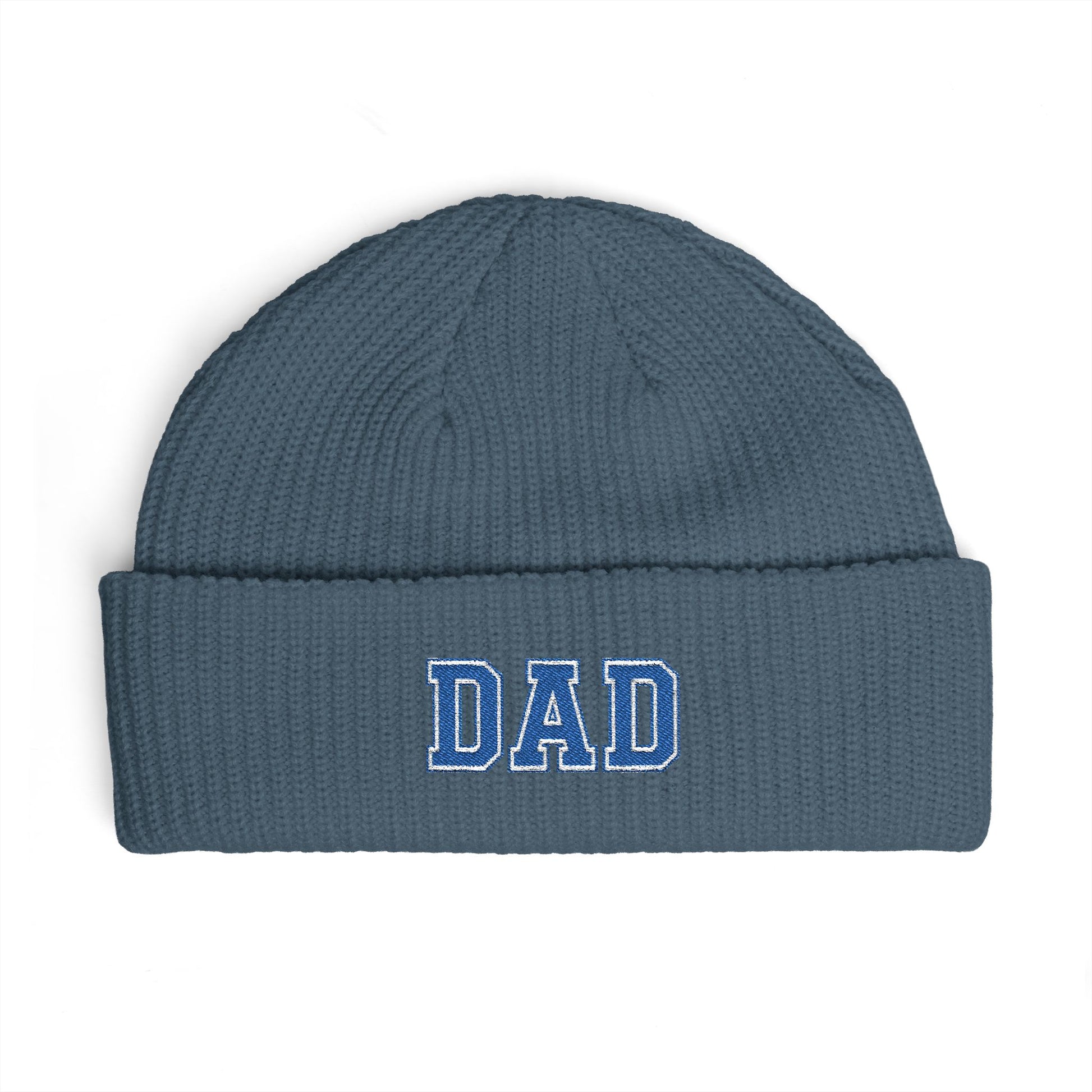 Dad Cuff Beanie — Embroidered Varsity Logo Knit Hat for Fathers, Gift for Dad Hats Printify One size Petrol Blue