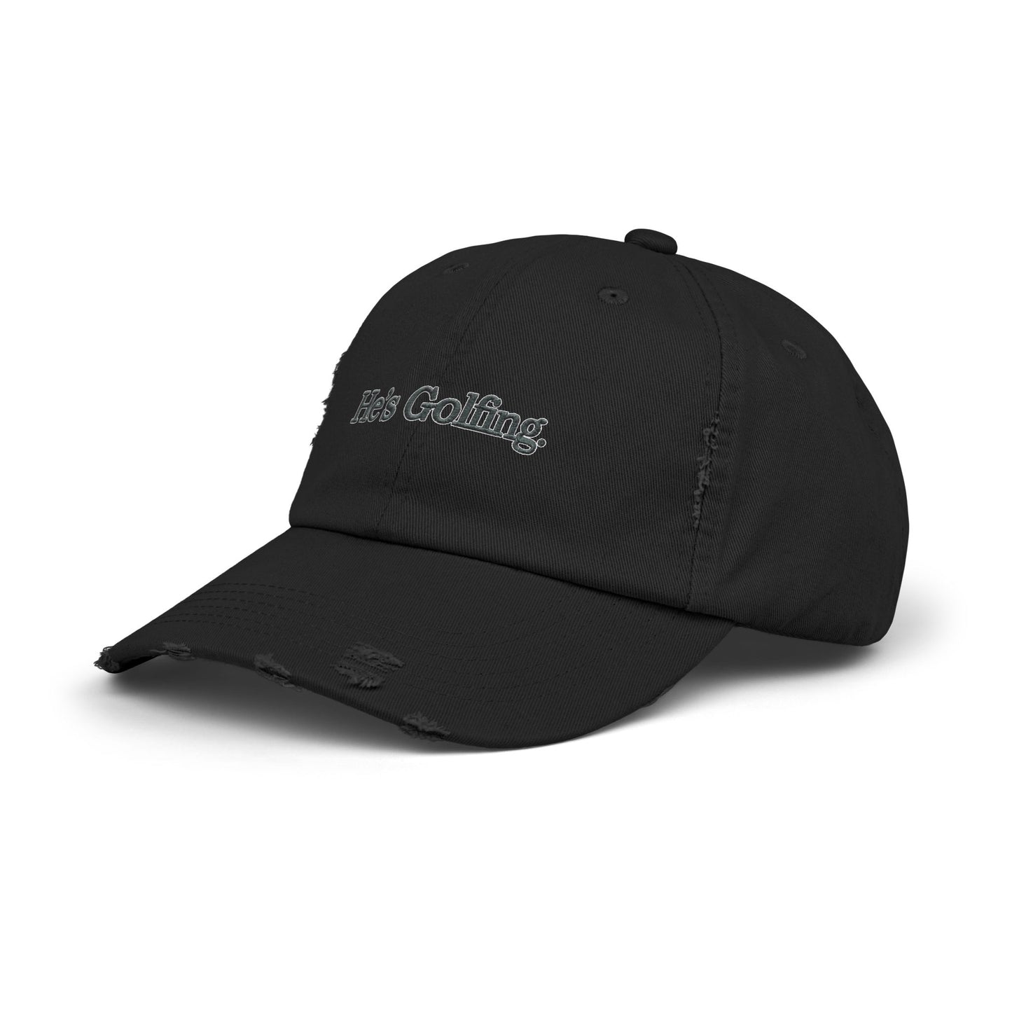 He's Goin' Distressed Dad Hat — Vintage Black Embroidered Cap