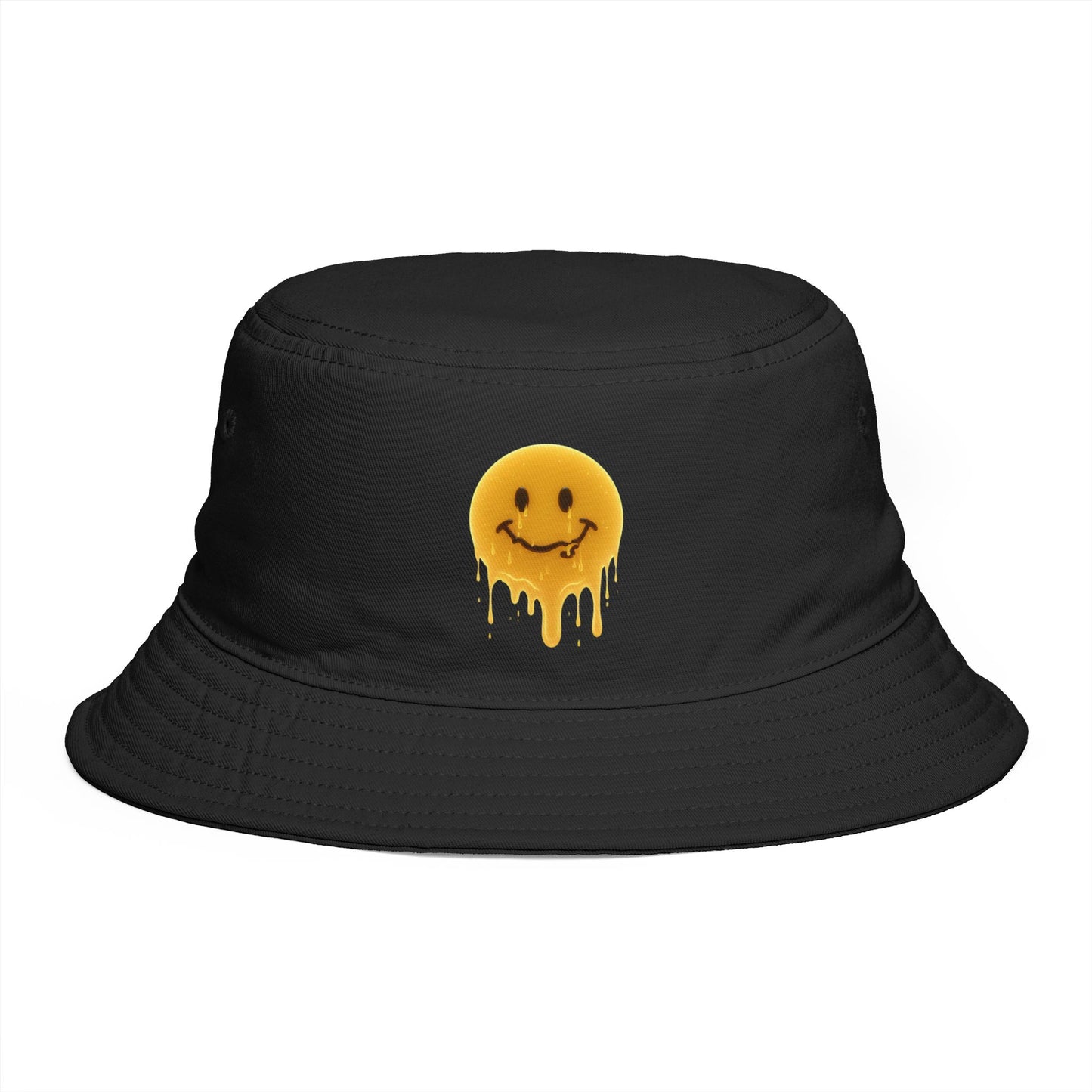 Smiley Drip Bucket Hat — Retro Melted Smile Face Sun Hat Hats Printify One size Black