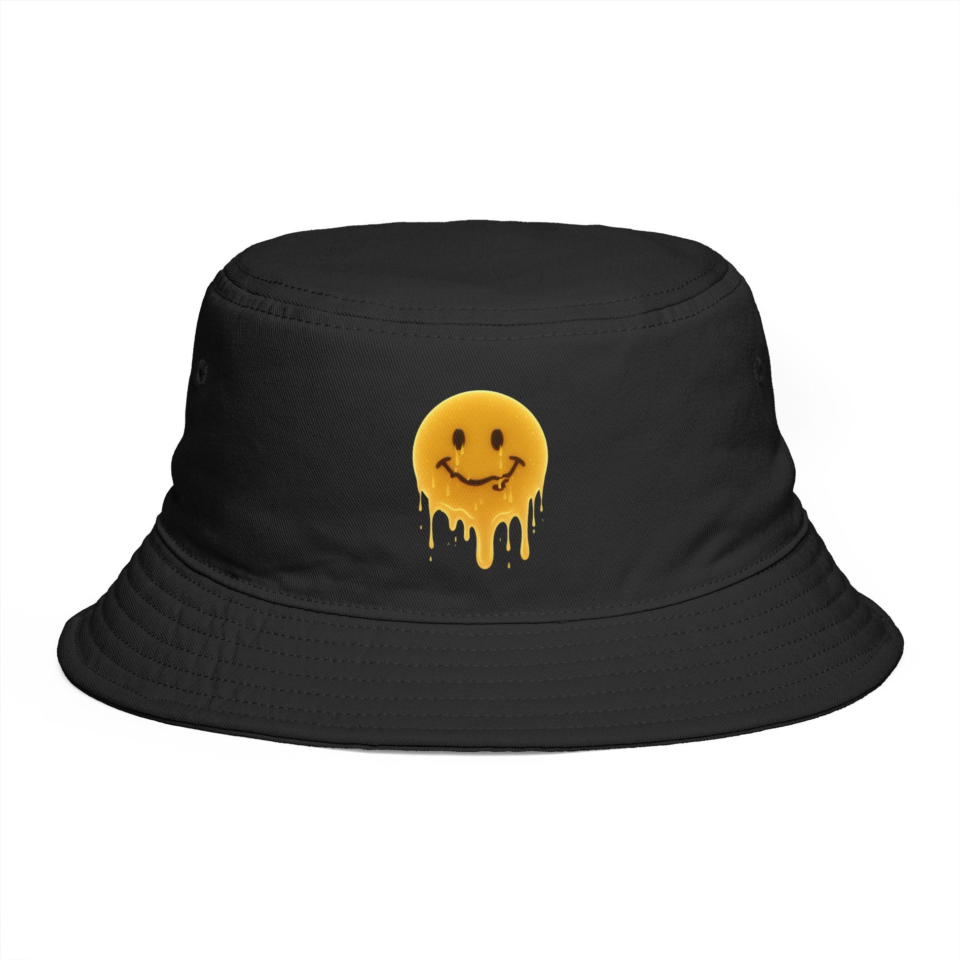 Smiley Drip Bucket Hat — Retro Melted Smile Face Sun Hat Hats Printify One size Black
