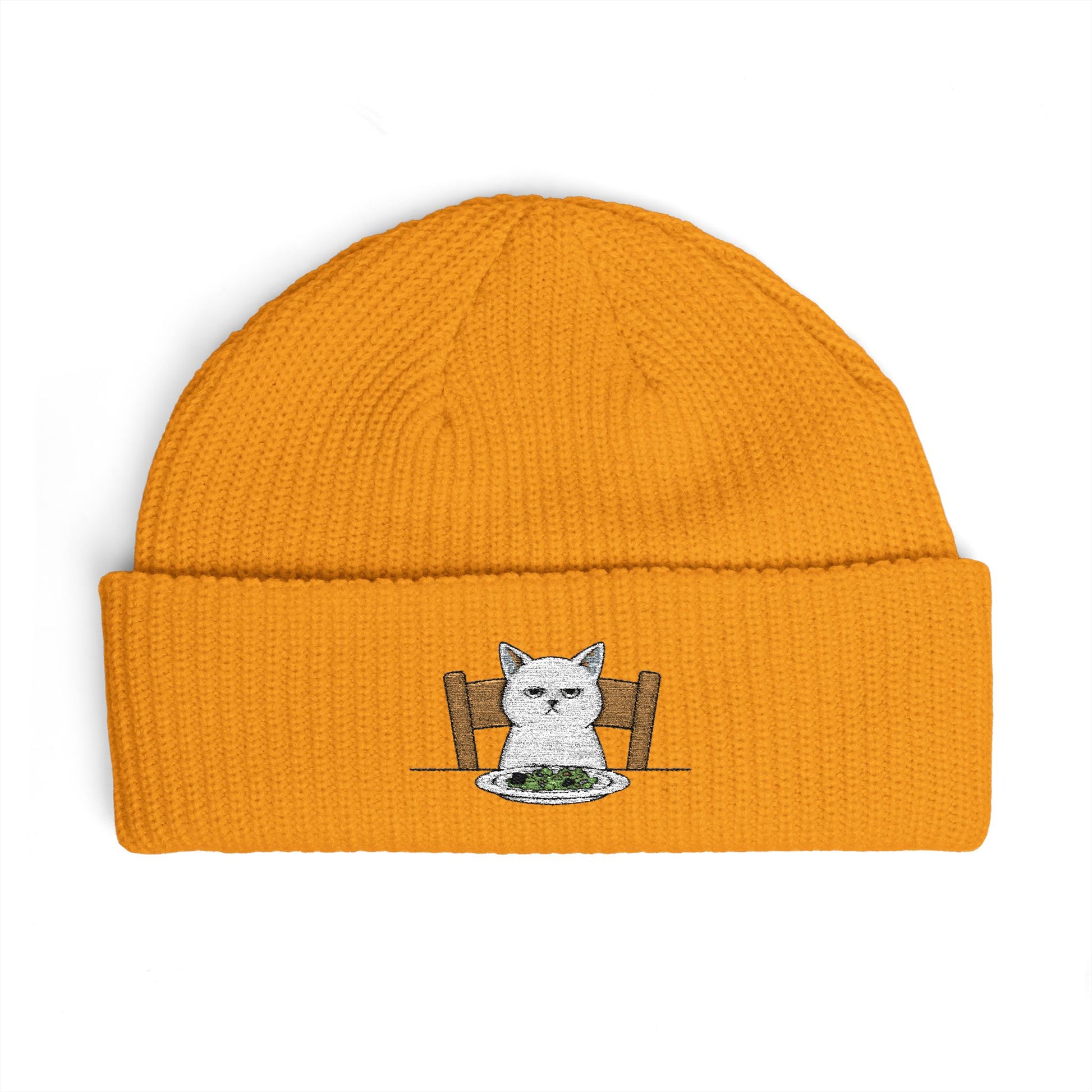Cuffed Beanie with Embroidered White Cat on Chair – Cozy Cute Winter Hat Hats Printify One size Gold