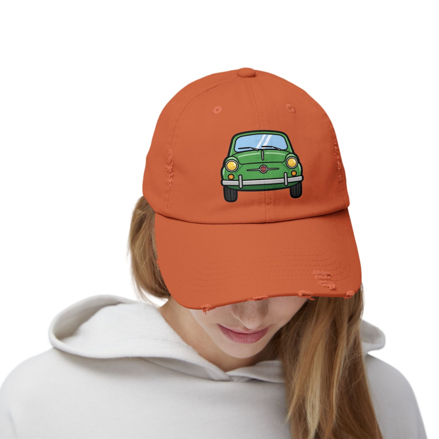 Distressed Cap — Retro Green Car Graphic Hat Hats Printify