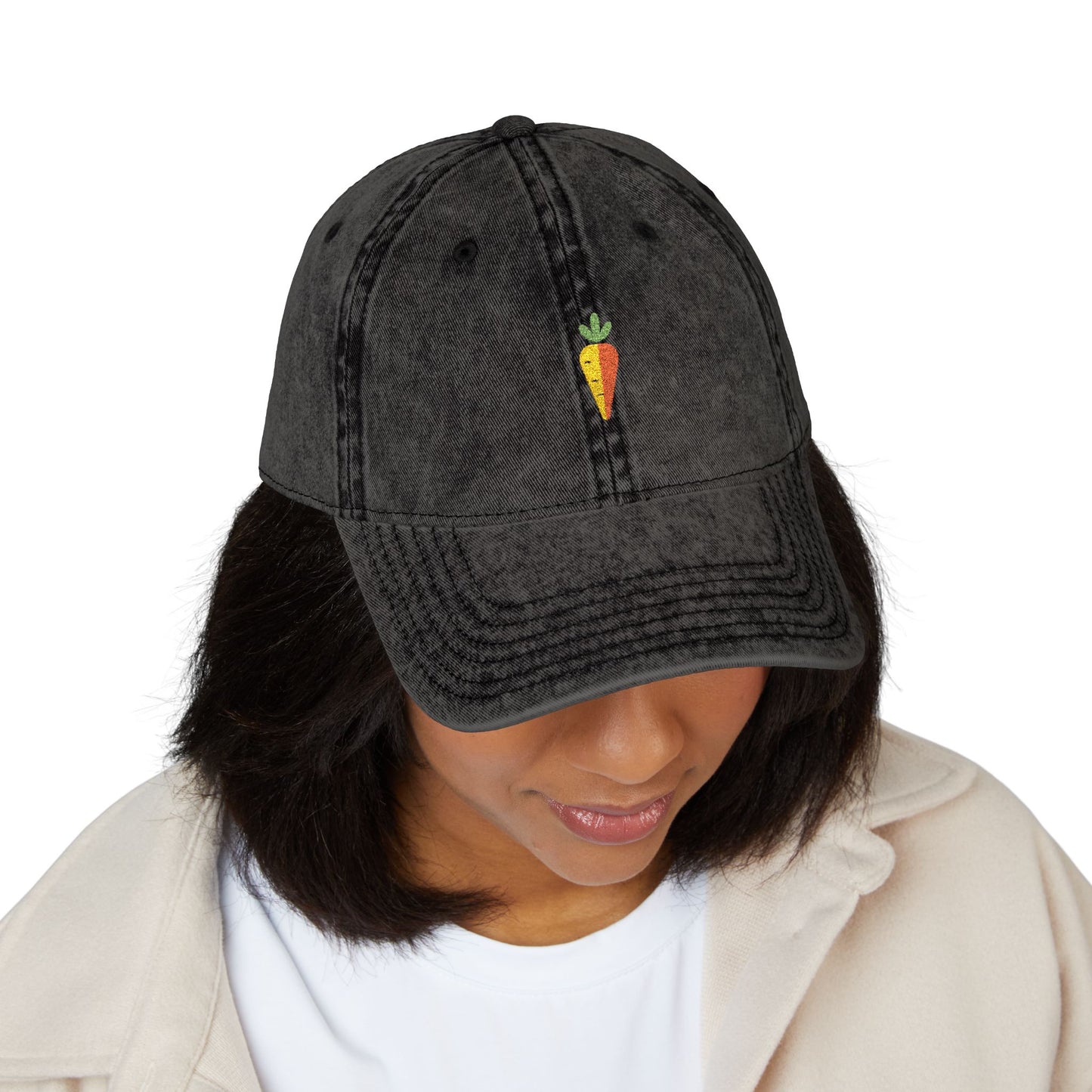 Vintage Embroidered Carrot Dad Hat – Washed Grey Cotton Cap Hats Printify