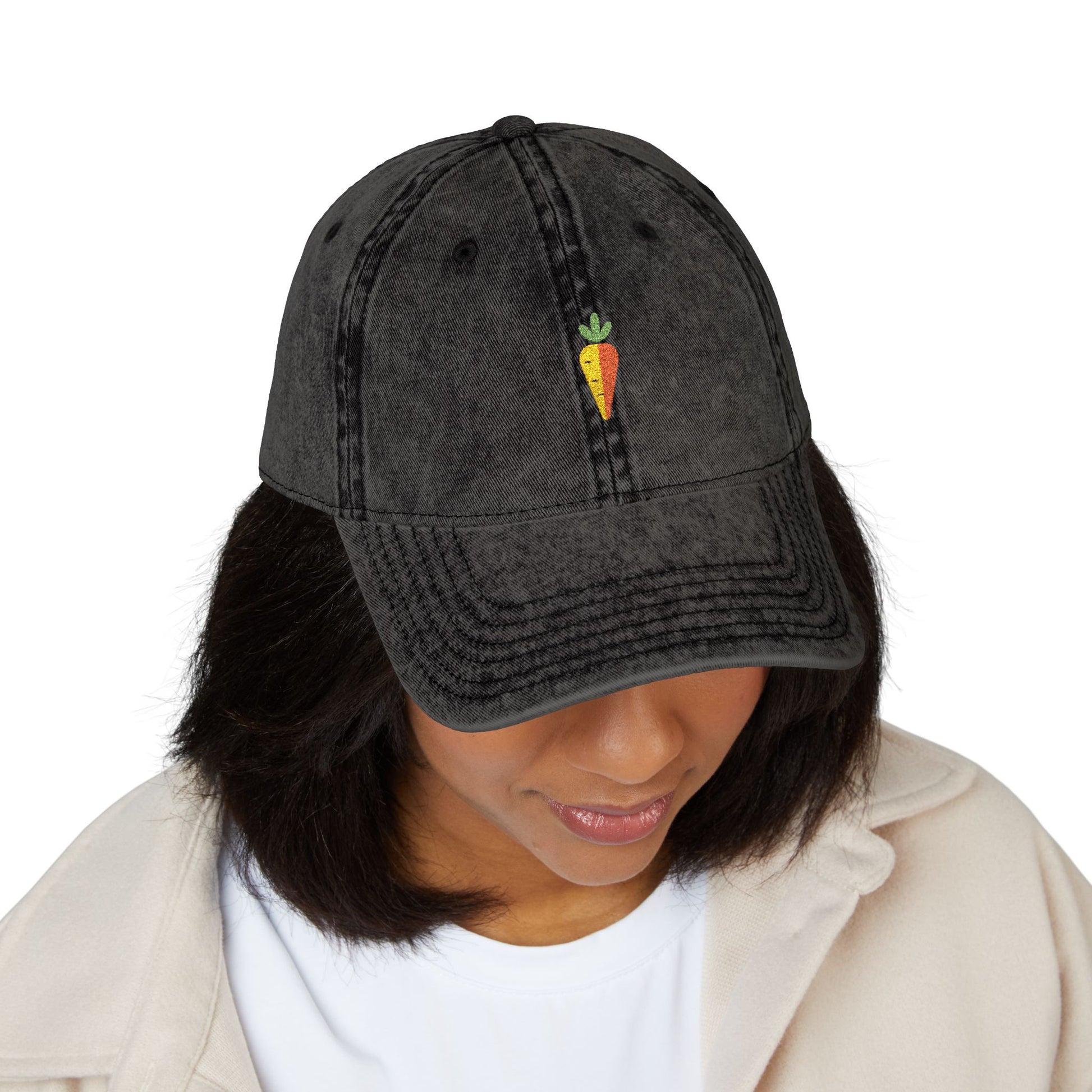 Vintage Embroidered Carrot Dad Hat – Washed Grey Cotton Cap Hats Printify