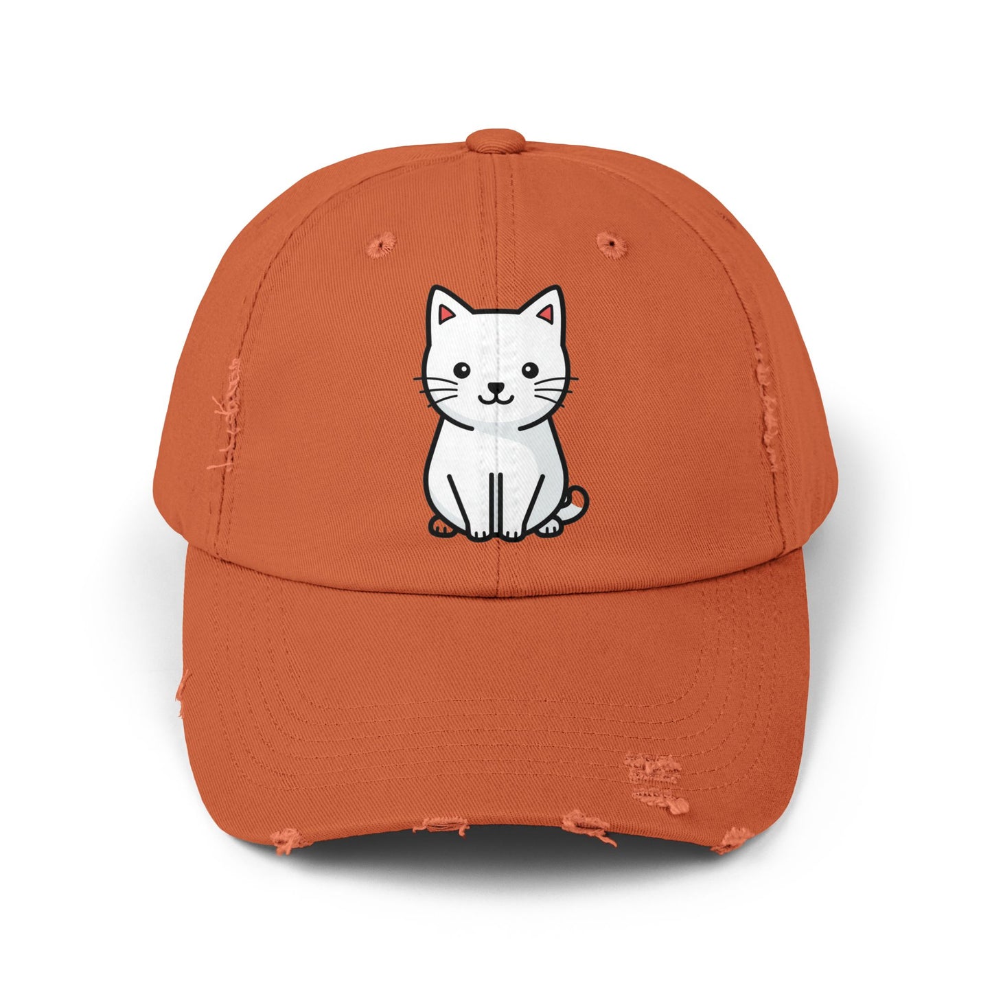 Distressed Black Cap with Cute White Cat Graphic Hats Printify Burnt Orange One size