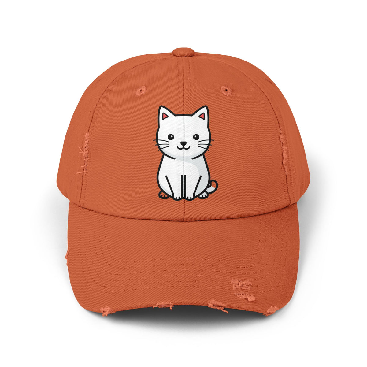 Distressed Black Cap with Cute White Cat Graphic Hats Printify Burnt Orange One size