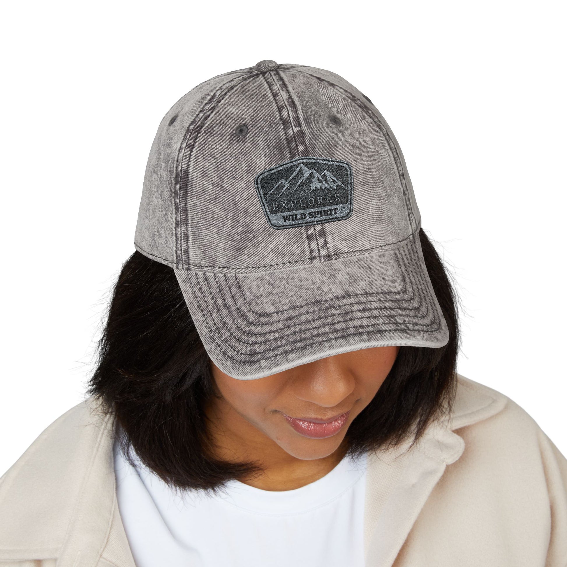 Vintage Embroidered Mountain Patch Cap — Washed Red Dad Hat Hats Printify
