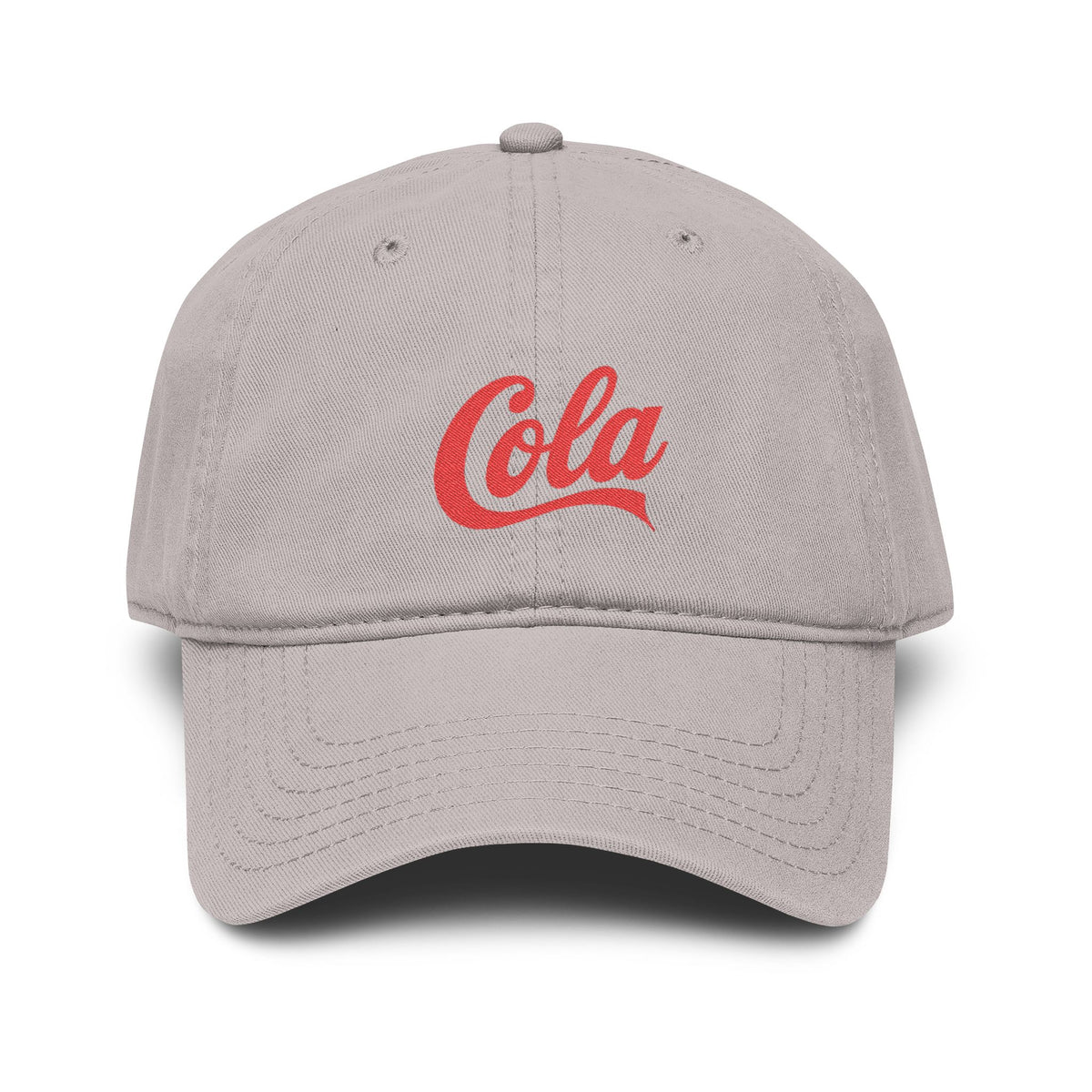 Washed Cotton Baseball Cap with Retro "Cola" Script Embroidery Hats Printify One size Gray