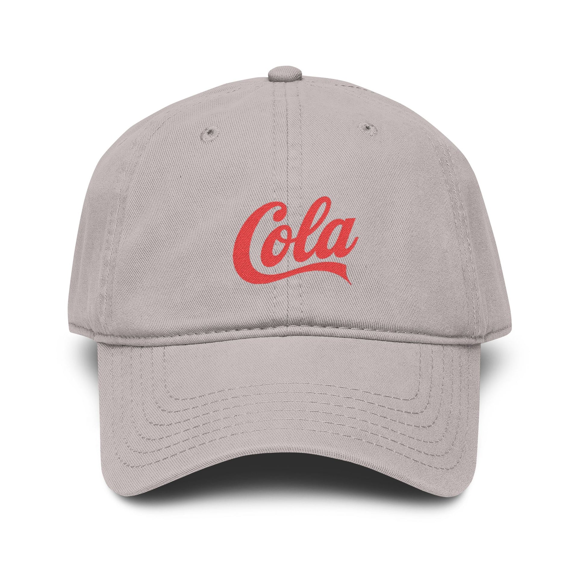 Washed Cotton Baseball Cap with Retro "Cola" Script Embroidery Hats Printify One size Gray