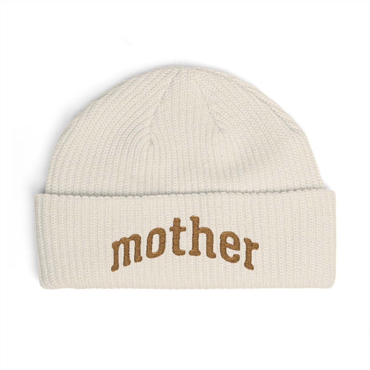 Mother Cuff Beanie — Gold Glitter Embroidered Knit Hat for Moms
