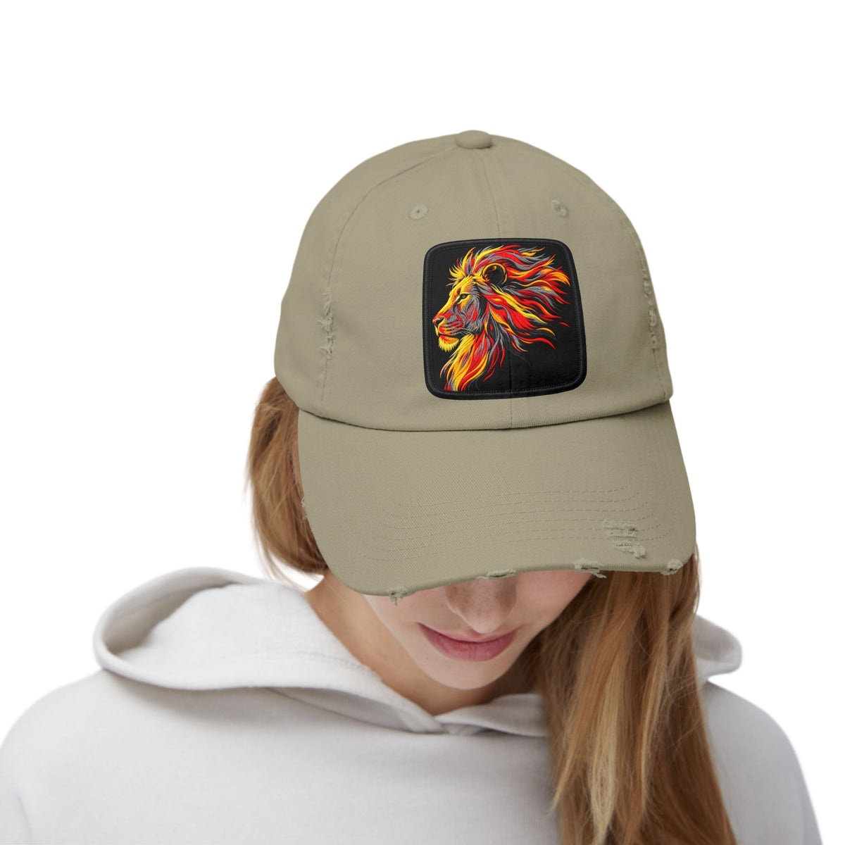 Distressed Cap — Vibrant Flame Lion Embroidered Baseball Hat Hats Printify