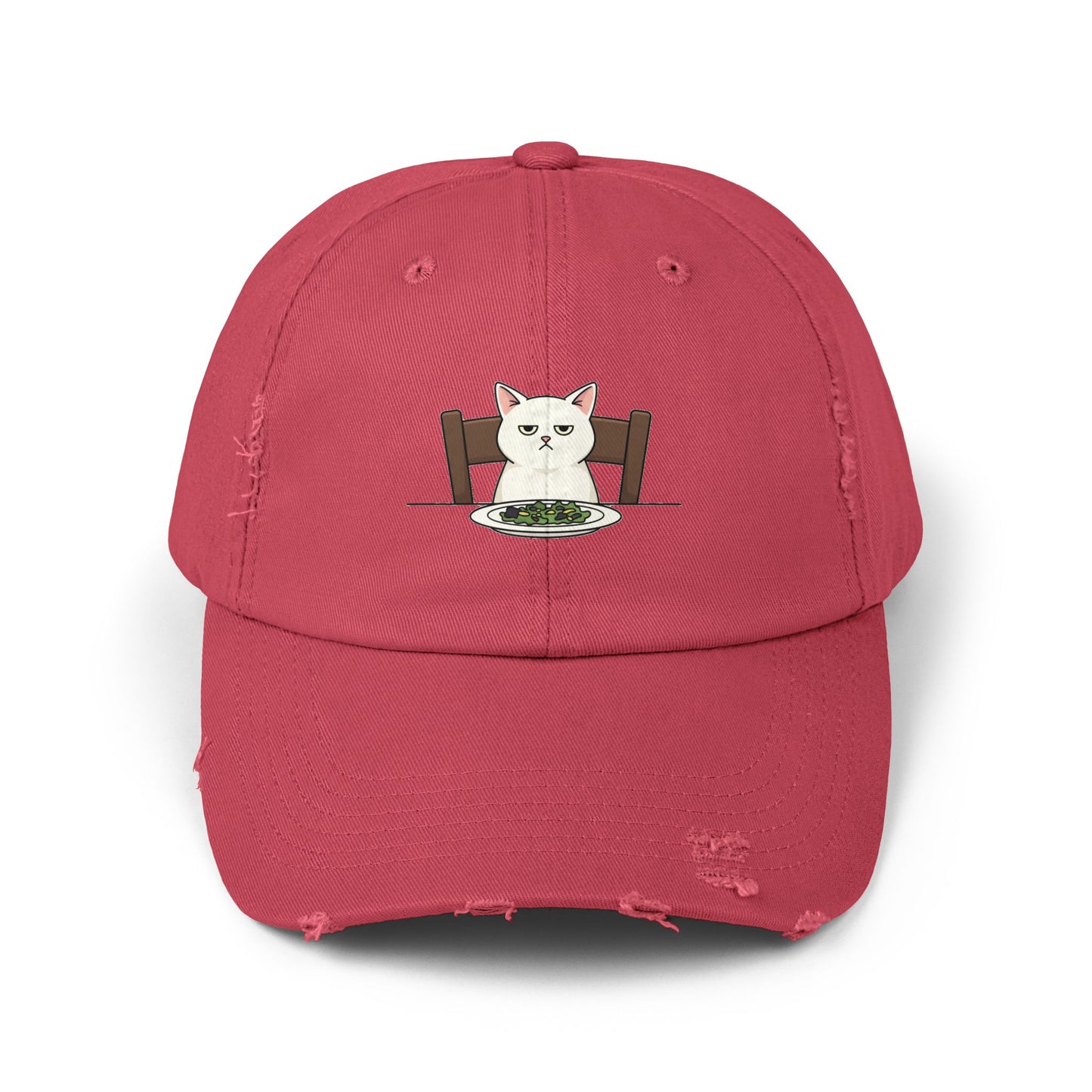 Distressed Cat At Dinner Cap — Cute White Cat Sitting at Table Baseball Hat Hats Printify Dashing Red One size