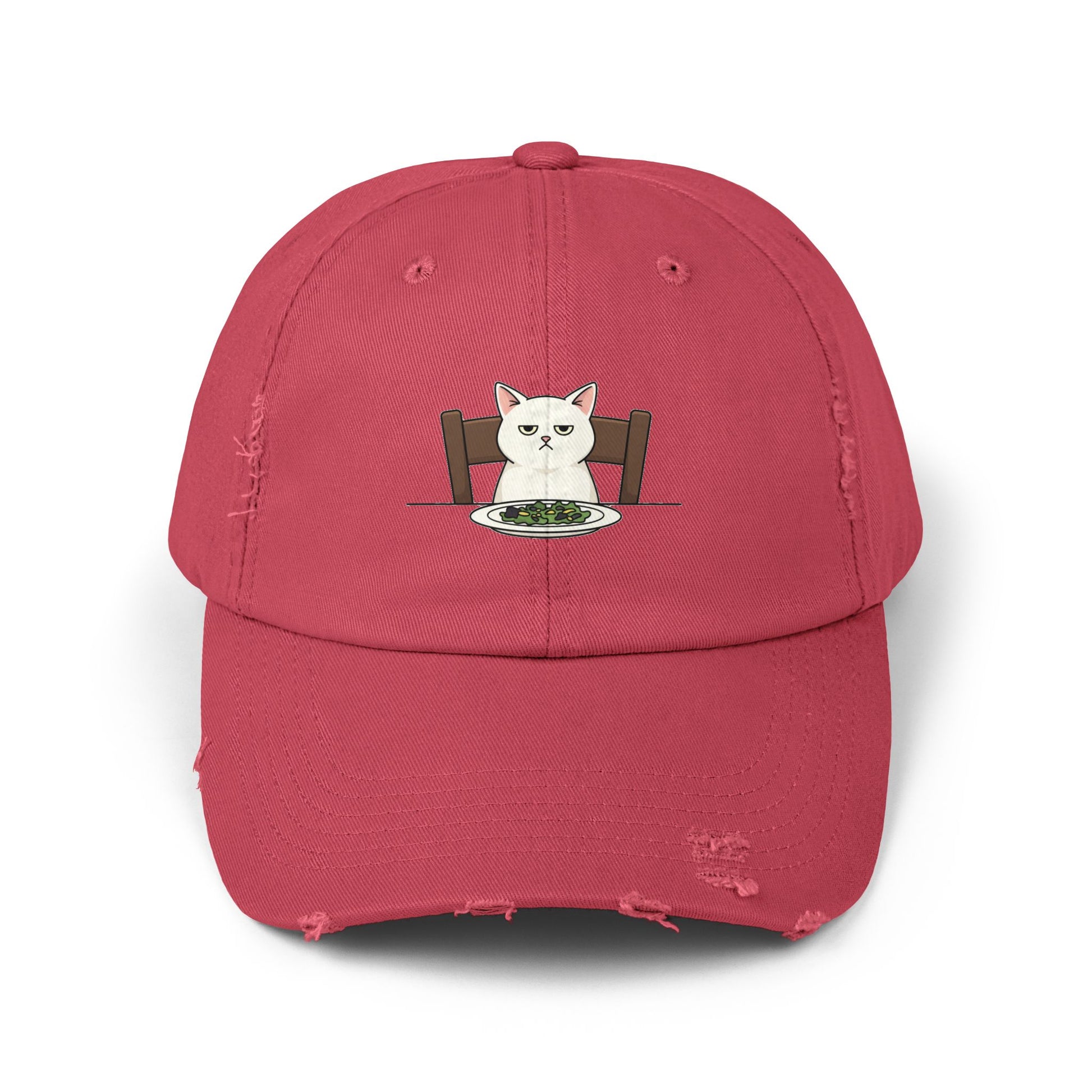 Distressed Cat At Dinner Cap — Cute White Cat Sitting at Table Baseball Hat Hats Printify Dashing Red One size